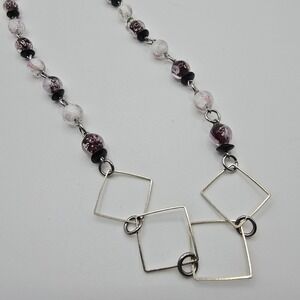 Handmade Geometric‎ Beaded Necklace Silver Tone Square Links Boho Artsy
